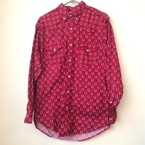 Vintage Express Rider Red Button Down Horseshoe Print Western Shirt Size Medium